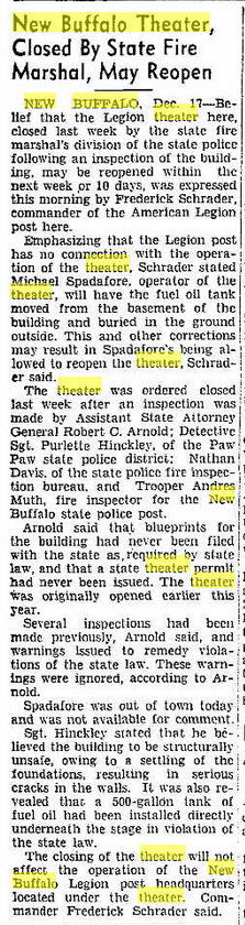 Legion Theater - Dec 17 1946 Fire Marhsall Closes